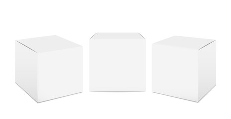 Cube box mockup. White cardboard realistic packaging, 3D isolated paper package boxes. Vector cosmetic and food packs for transportation packing on white background