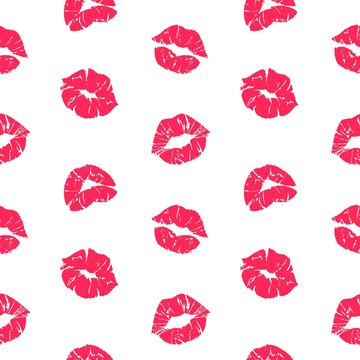 Lipstick kiss pattern. Woman lips with grunge texture, red female mouth seamless texture. Vector romantic matt textures print nice designs template on white background