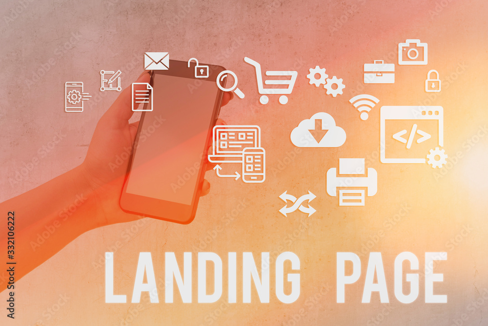 Poster writing note showing landing page. business concept for web page that a user arrives at after clicki