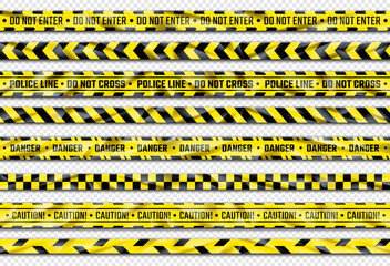 Danger ribbon. Yellow caution tape with warning signs for police crime scene or construction area. Vector illustration realistic attention stripes industrial area alert