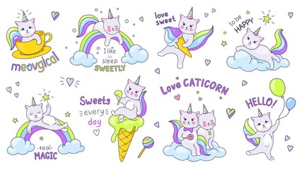 Unicorn cats. Cute doodle characters with kawaii faces and quotes, children hand drawn stickers of funny kittens on clouds and rainbows. Vector set illustration magic dream cat