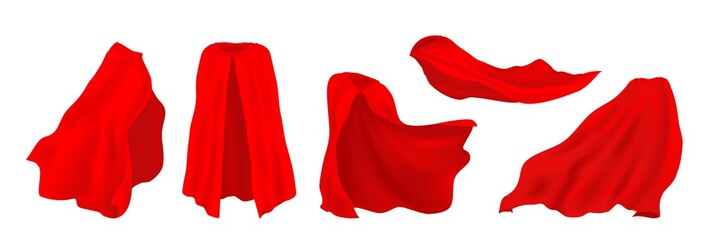 Red superhero cape. Realistic 3D hero cloak of drape, illusionist silk cloth, vampire decorative costume. Vector illustration carnival clothes set, isolated heroes mantle © SpicyTruffel