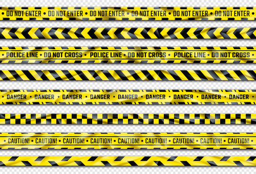 Danger ribbon. Yellow caution tape with warning signs for police crime scene or construction area. Vector illustration realistic attention stripes industrial area alert