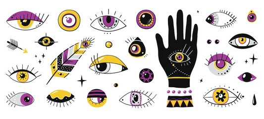 Hand drawn eyes. Doodle contemporary ornamental symbols, evil magic trendy elements, eyes hand stars and beads. Vector set isolated graphic ethnic different talismans eye