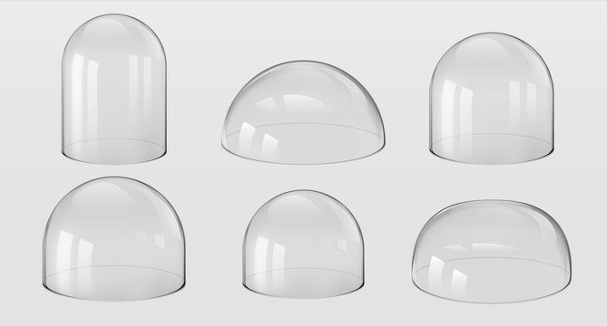 Glass domes. 3D Realistic spherical and hemisphere kitchen utensils, bell jars, laboratory and exhibition cases. Vector set isolated glossy shape vitrin safety on transparent background