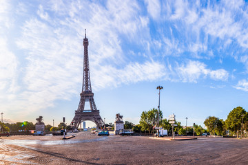 Scenic panorama of the EMiniature tiny planet of Scenic panorama of the Eiffel Tower seen from Pont d'Iena in Paris, France. 360 degree panoramic view