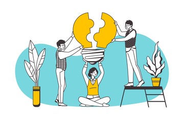 Teamwork puzzle concept. Cartoon people characters building career, business partnership and cooperation. Vector assembling puzzle elements, light bulb as business idea or team working strategy