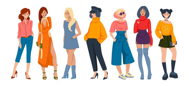 Stylish women. Cartoon fashion characters wearing elegant casual clothes, young hipster girls with formal outfits. Vector collection of trendy looks group young girl