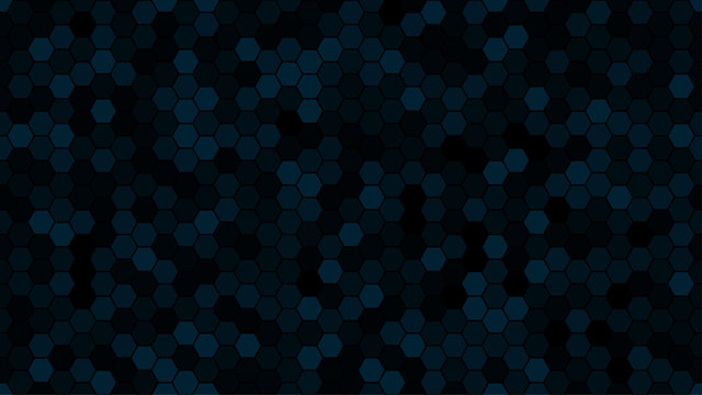 Dark blue hexagonal mosaic background for business presentation. HD 16x9 vector pattern.