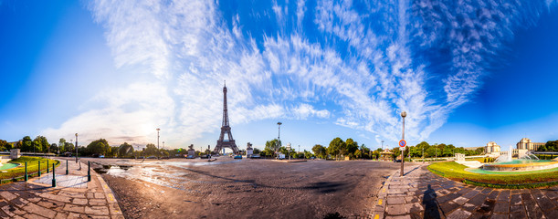 Scenic panorama of the Eiffel Tower seen from Pont d'Iena in Paris, France. 360 degree panoramic...