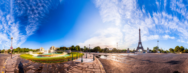 Scenic panorama of the Eiffel Tower seen from Pont d'Iena in Paris, France. 360 degree panoramic...