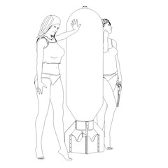 warrior woman character, 3D illustration, sketch, outline