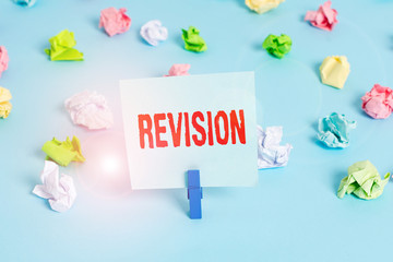Text sign showing Revision. Business photo showcasing action of revising over someone like auditing...