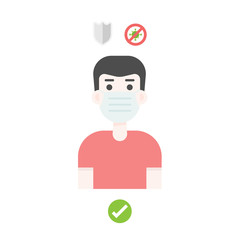 Man wearing medical mask in flat design style. Respiratory protection. Coronavirus concept. vector illustration.