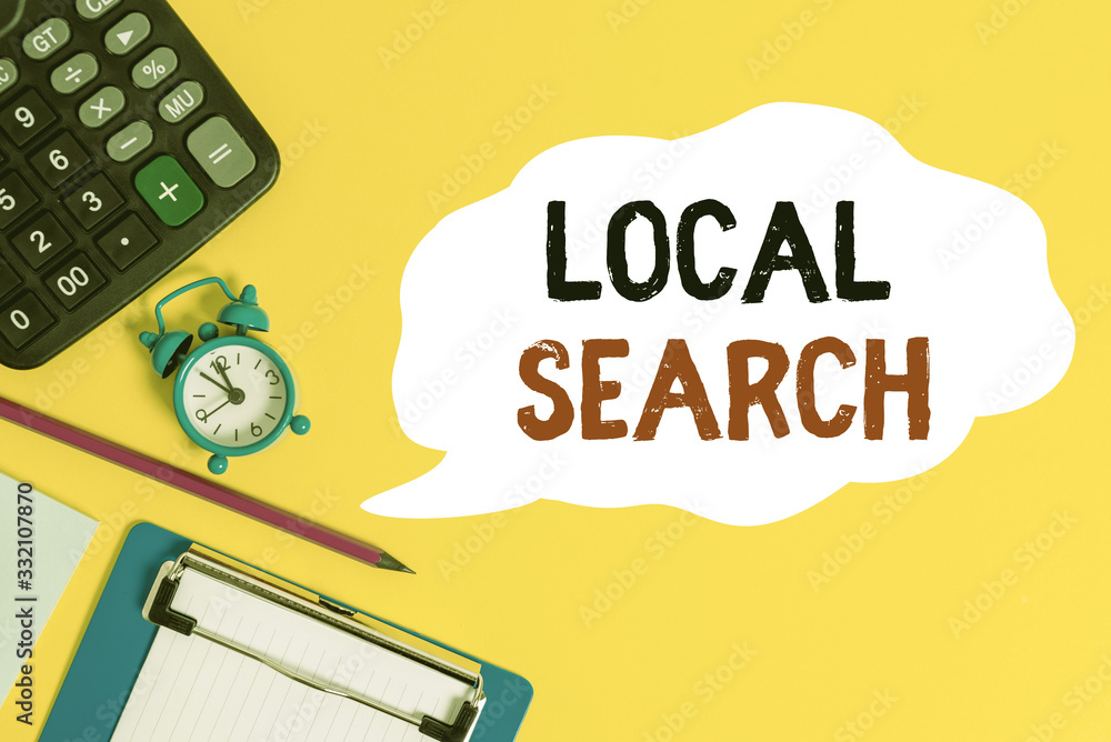 Poster handwriting text local search. conceptual photo searches of a structured database of local business 