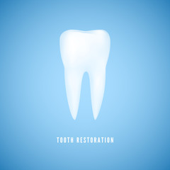 White realistic tooth illustration. Clear health Molar. Dentist care and tooth restoration medicine background on blue background. Vector