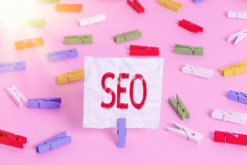 Writing note showing Seo. Business concept for incredibly effective way to market your near...