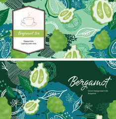 Green background with bergamot fruits and leaves. Tea with bergamot. - obrazy, fototapety, plakaty
