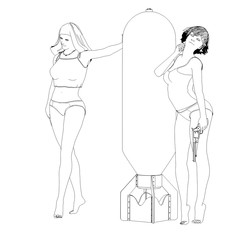 warrior woman character, 3D illustration, sketch, outline