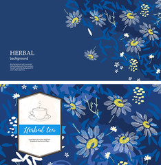 Blue backgrounds with camomiles. Tea card design. Herbal background.