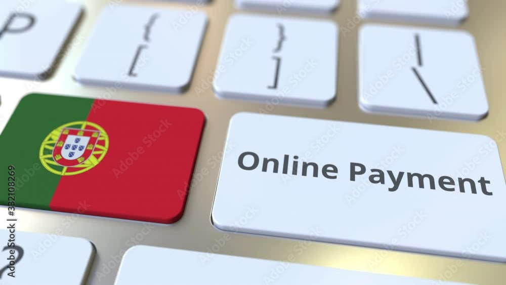 Aufkleber online payment text and flag of portugal on the keyboard. modern finance related conceptual 3d anima