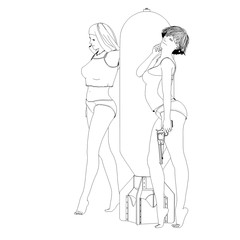 warrior woman character, 3D illustration, sketch, outline