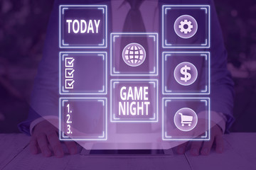 Writing note showing Game Night. Business concept for usually its called on adult play dates like...