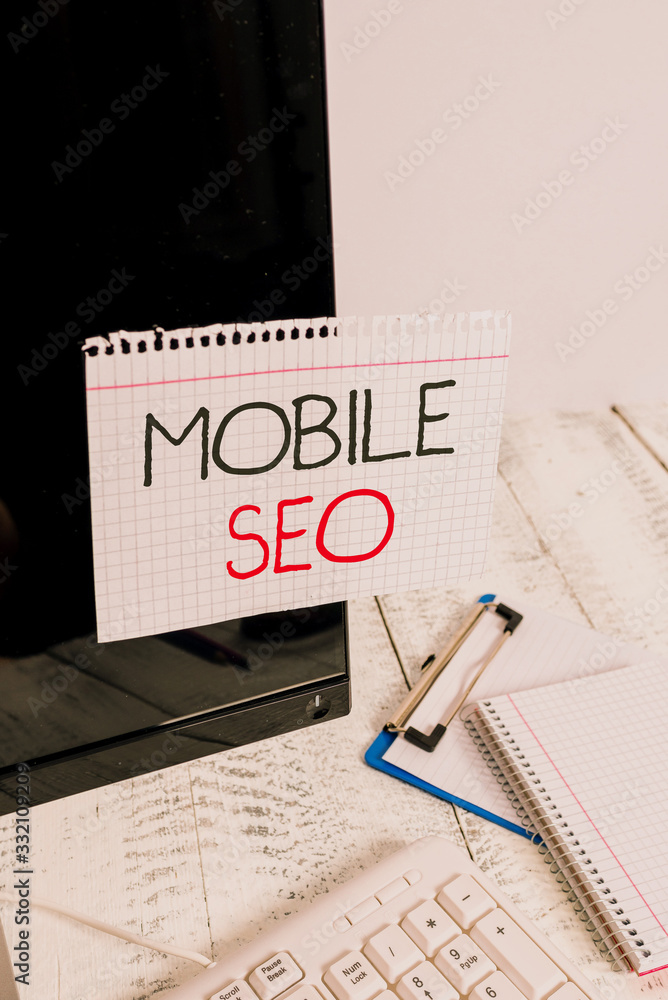 Poster writing note showing mobile seo. business concept for process of optimizing a website to rank for mo