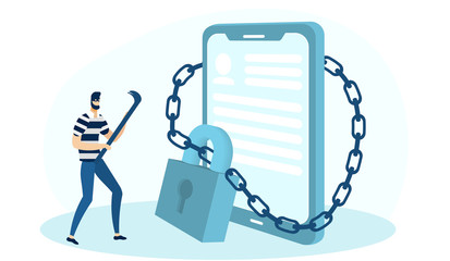 Data Protection Social Media Flat Cartoon Vector Illustration. Locked Phone or Tablet. Privacy Software Homepage Concept. Burglar in Mask Holding Big Crowbar to Unlock Gadget or Device.