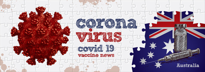 Australia flag, corona virus and vaccine. Puzzle concept hand drawing