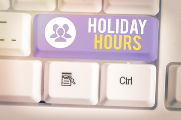 Text sign showing Holiday Hours. Business photo showcasing Overtime work on for employees under...
