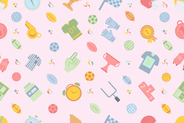 Stylish seamless pattern on the theme of sports, football on a light pink background. Colorful vector illustration.