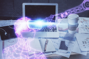 Computer on desktop with AR theme icon. Multi exposure. Concept of augmented reality.