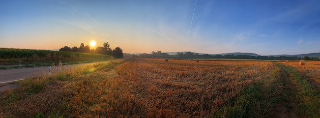 Sonnenaufgang über Ackerland an einer Straße