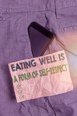 Writing note showing Eating Well Is A Form Of Self Respect. Business concept for a quote of promoting healthy lifestyle Smartphone device inside trousers front pocket note paper