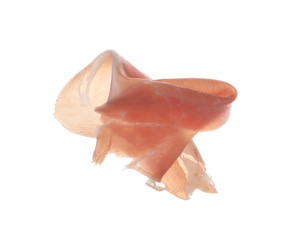 Slice of tasty prosciutto isolated on white
