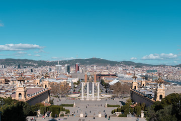 Plaza de España, view from the top of the Museum stairs, february 2020, Barcelona.
