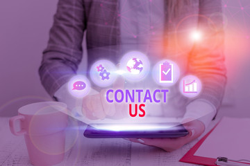 Word writing text Contact Us. Business photo showcasing Term used to describe reaching out with the...