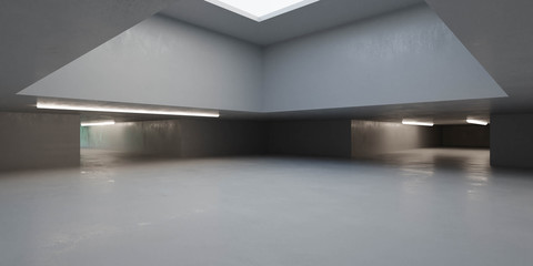 Abstract modern futuristic architecture and concrete urban basement hall background with day light and artificial lighting, 3d render illustration
