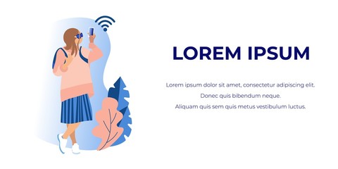 Woman in Stylish Clothes Connects Wi-Fi. Vector Illustration. White Background. Walk Through Museum. Visit Exhibition. Clothes Pastel Tones. Art Gallery. Phone in Hand. Network Search.