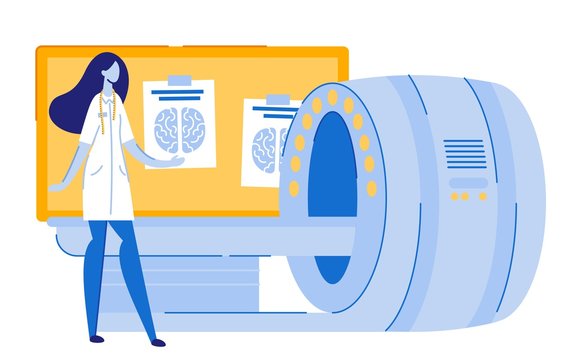Woman Doctor Doing MRI, Standing near Equipment Flat Cartoon Vector Illustration. Magnetic Resonance Imaging Technology. Big Board with Brain Scans Handing on it. Tomography. Girl with Stethoscope.