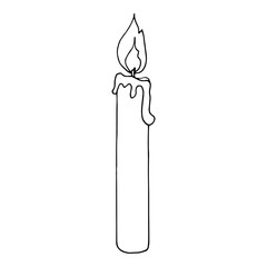 Vector illustration. Single hand drawn contour of burning candle isolated on white background. Simple doodle clipart in a trendy minimalism style. Logo, social media Highlight Cover, icon.