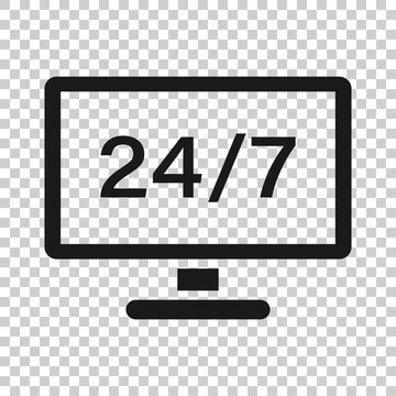 24/7 computer icon in flat style. All day service vector illustration on white isolated background. Support business concept.
