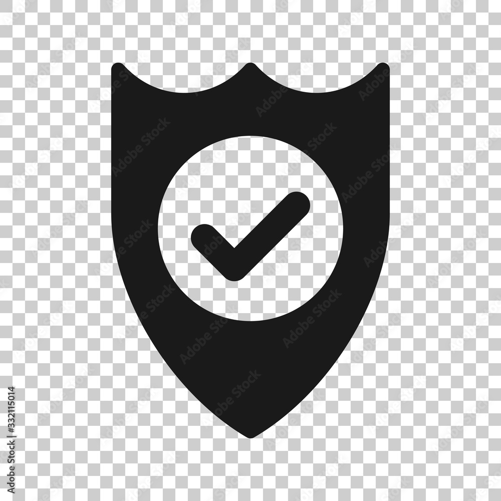 Poster shield with check mark icon in flat style. protect vector illustration on white isolated background.
