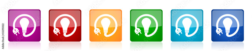 Leinwandbilder bulb icon set, innovation, electricity colorful square glossy vector illustrations in 6 options for 