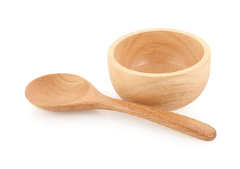 Spoon and Wooden bowl isolated on a white background