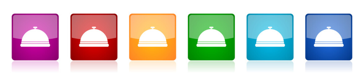 Restaurant icon set, food service colorful square glossy vector illustrations in 6 options for web design and mobile applications