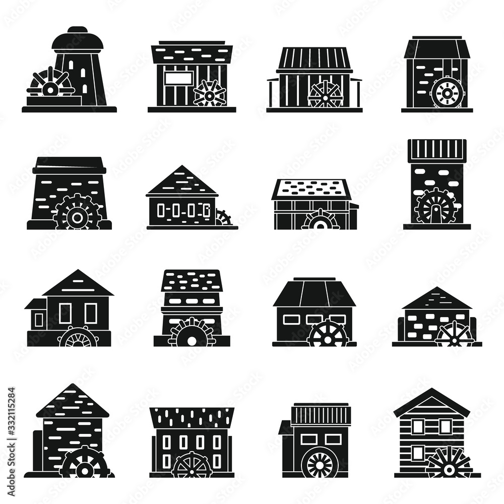 Poster old water mill icons set. simple set of old water mill vector icons for web design on white backgrou