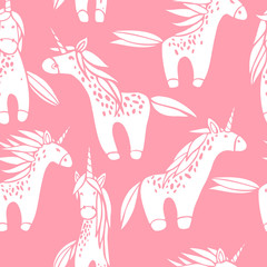 Cute unicorns on a pink background. Vector seamless pattern.