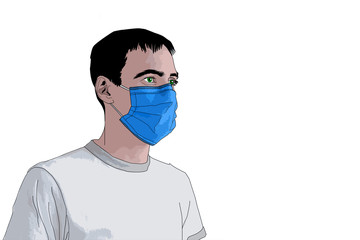 Medical mask. Healthy man in medical protection mask. Caring for health at flu epidemic time. Coronavirus protection mask